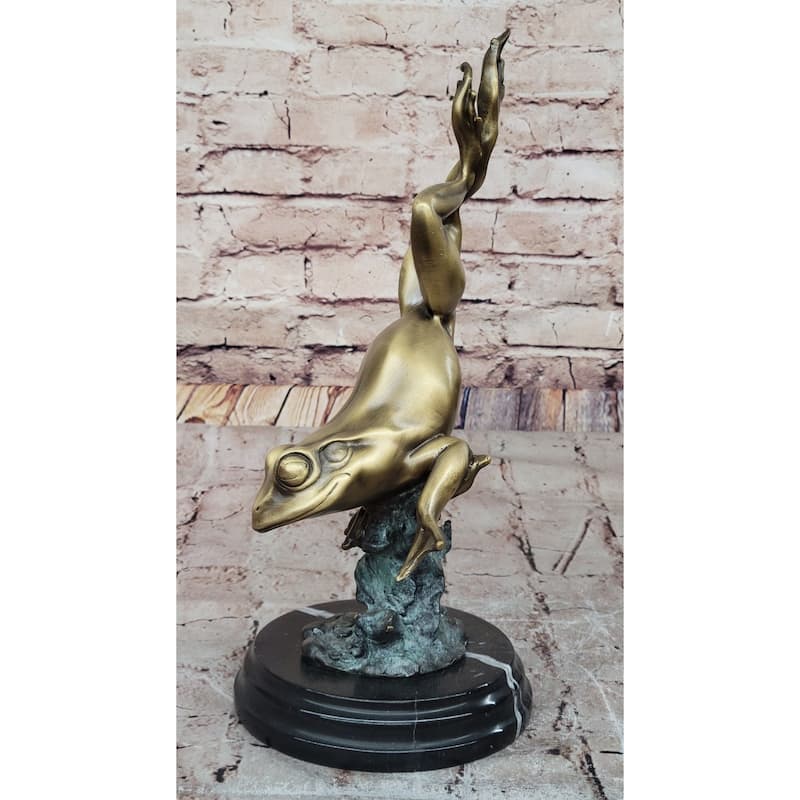 Hot Cast Bronze Leaping Frog W/ Gold Patina On Marble Base - Original Art By Milo
