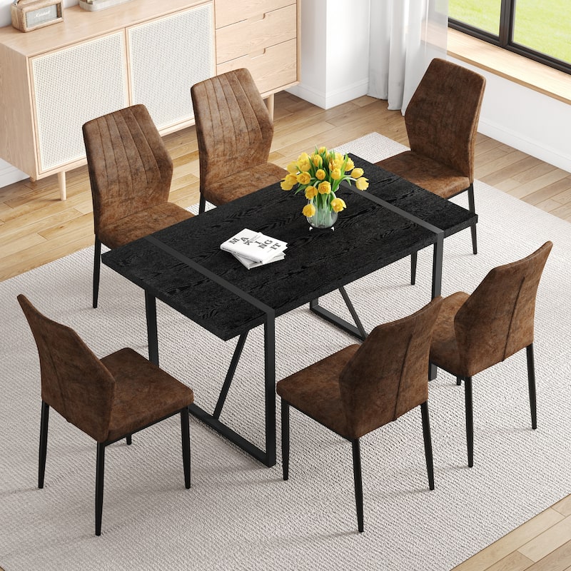 5-Piece/7-Piece Dining Table Set, Rectangular Table with Brown Dining Chairs, Stylish Dining Room Furniture for 4/6 People