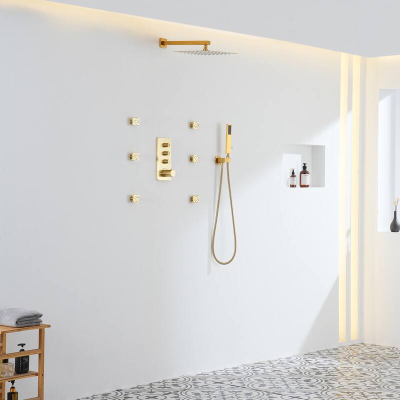3 Functions 12 Inch Wall Mount Thermostatic Shower System in Brushed Gold