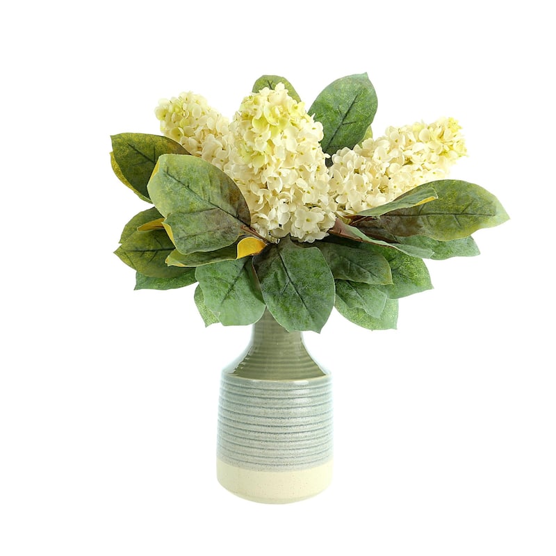 Cone Hydrangea and Magnolia Leaf Arrangement in a Ceramic Vase - Cream, Green