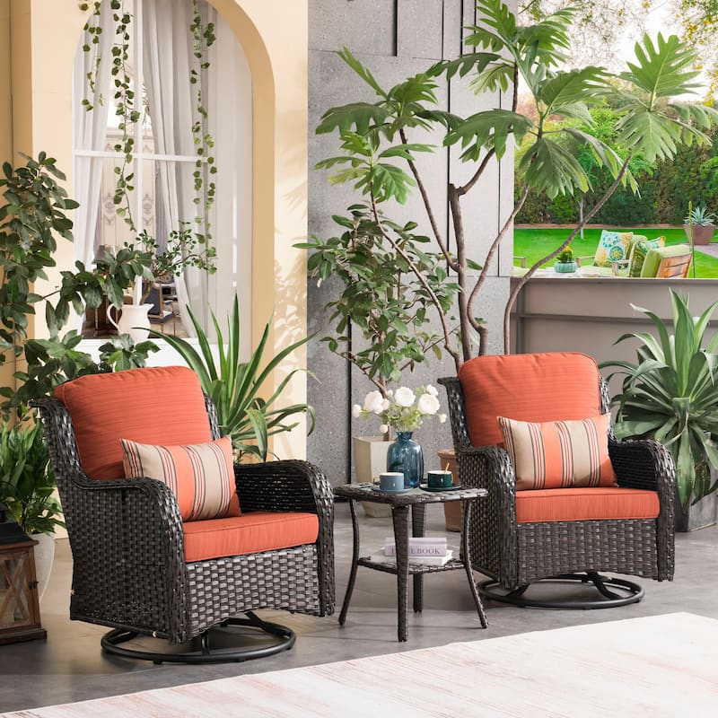 OVIOS 3-piece Patio Wicker Swivel Chair Set - Red/Orange-Brown Wicker