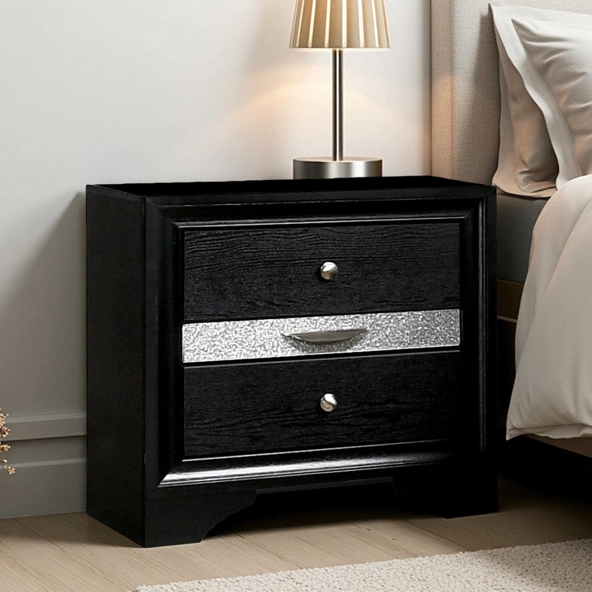 26"L Nightstand with Silver Trim Accent, 2 Storage Drawers, Jewelry Drawer, and Bracket Feet