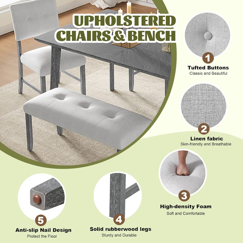 6 Piece Wood Dining Table Set with 4 Upholstered Chairs and Bench