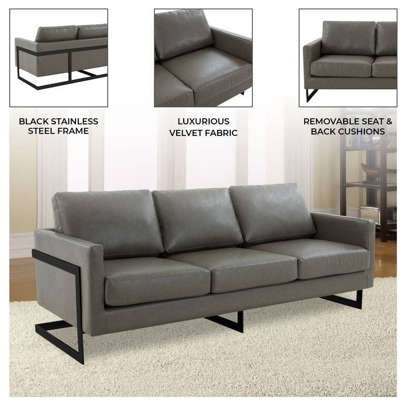 Lincoln Modern Minimalist Leather 3-Seater Sofa Couch w Removable Cushions in Stainless Steel Base for Living Room Bedroom