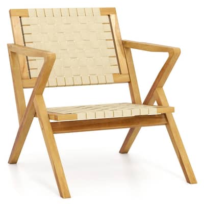 Natural Teak Wood Outdoor Accent Chair with PP Webbing Ergonomic - 33.5" x 25" x 29.5"