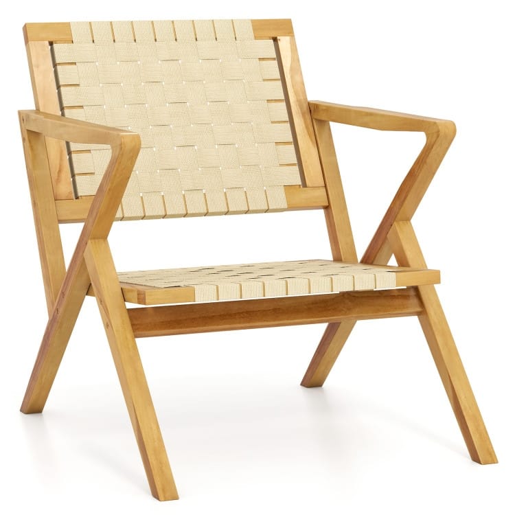 Natural Teak Wood Outdoor Accent Chair with PP Webbing Ergonomic - 33.5" x 25" x 29.5"
