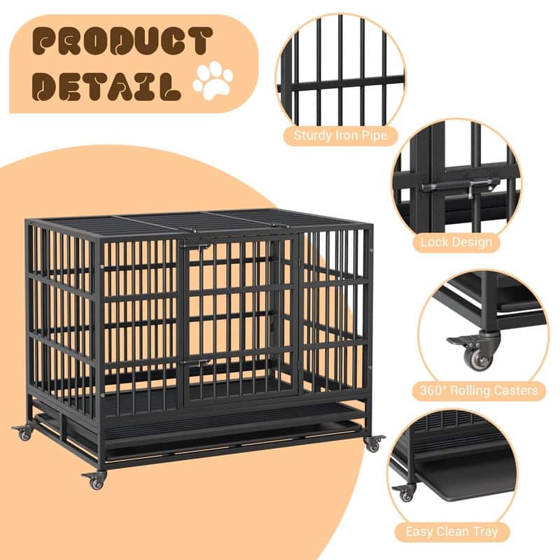 Heavy Duty Dog Crate withDouble Door Wheels ChewProof Metal Kennel for Small Dogs Easy to Assemble