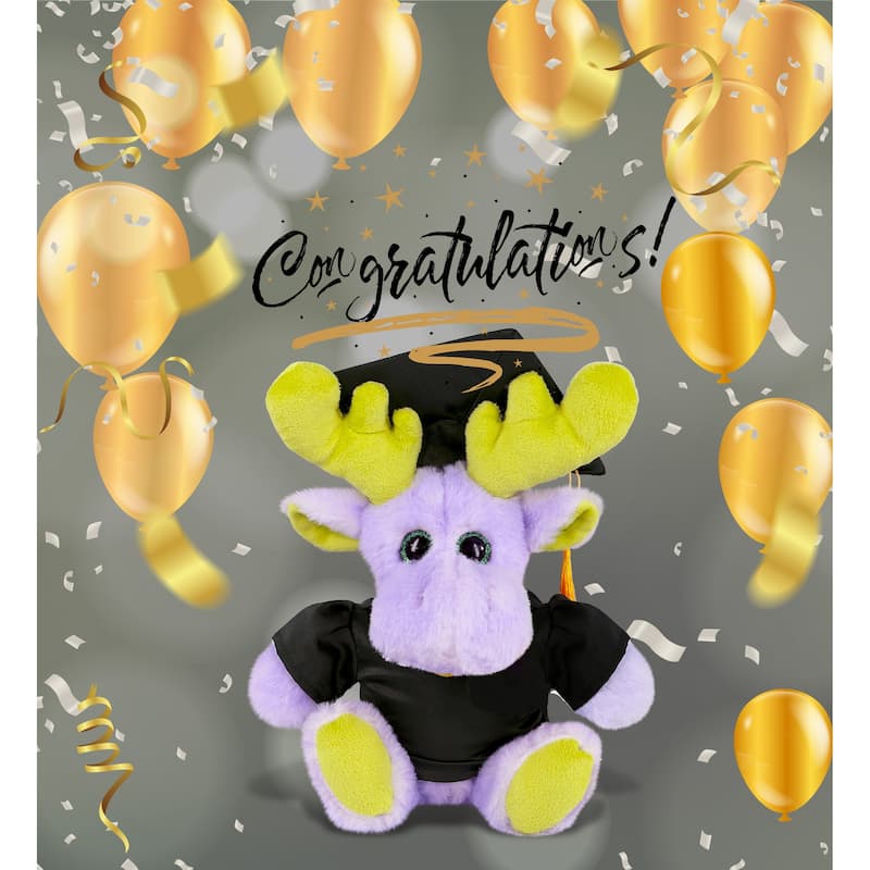 DolliBu Sitting Purple Moose Graduation Plush Toy with Gown and Cap - 12 inches