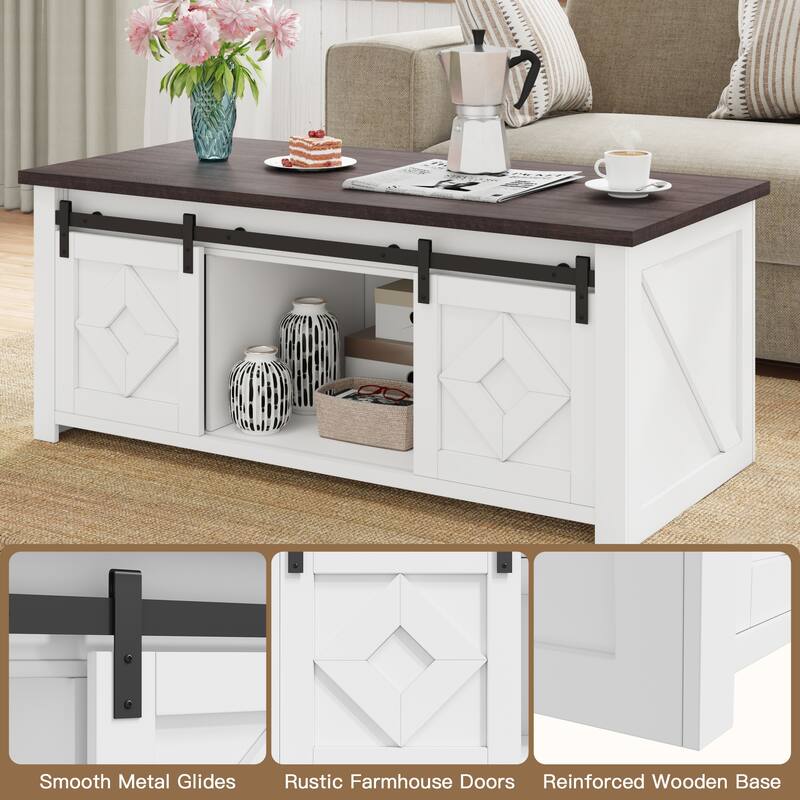 AVAWING Rustic Lift Top Coffee Table with Storage & Sliding Barn Doors – Farmhouse Center Table for Living Room - 47.8'x23.2'