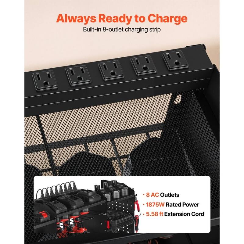 Black 3-Tier Tool Rack with 8-Outlet Strip Adjustable Shelves Pegboard for Workshop - 50.89 x 8.66 x 16.54 in