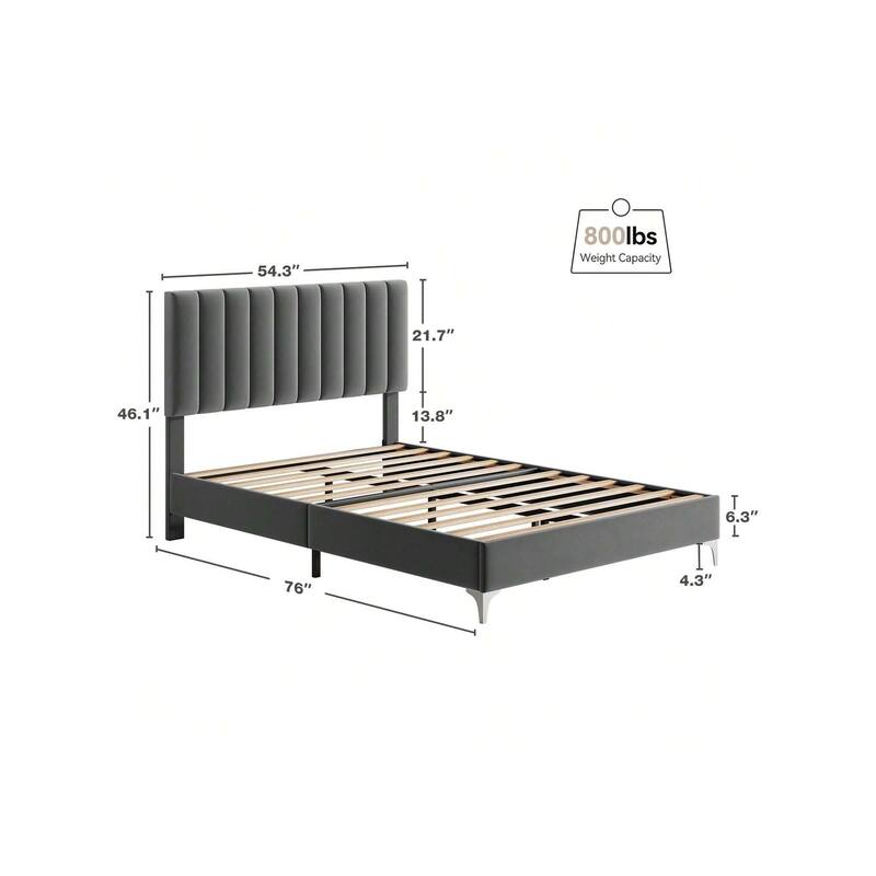 Bed Frame with Velvet Headboard Adjustable, Strong Wooden Slat Support