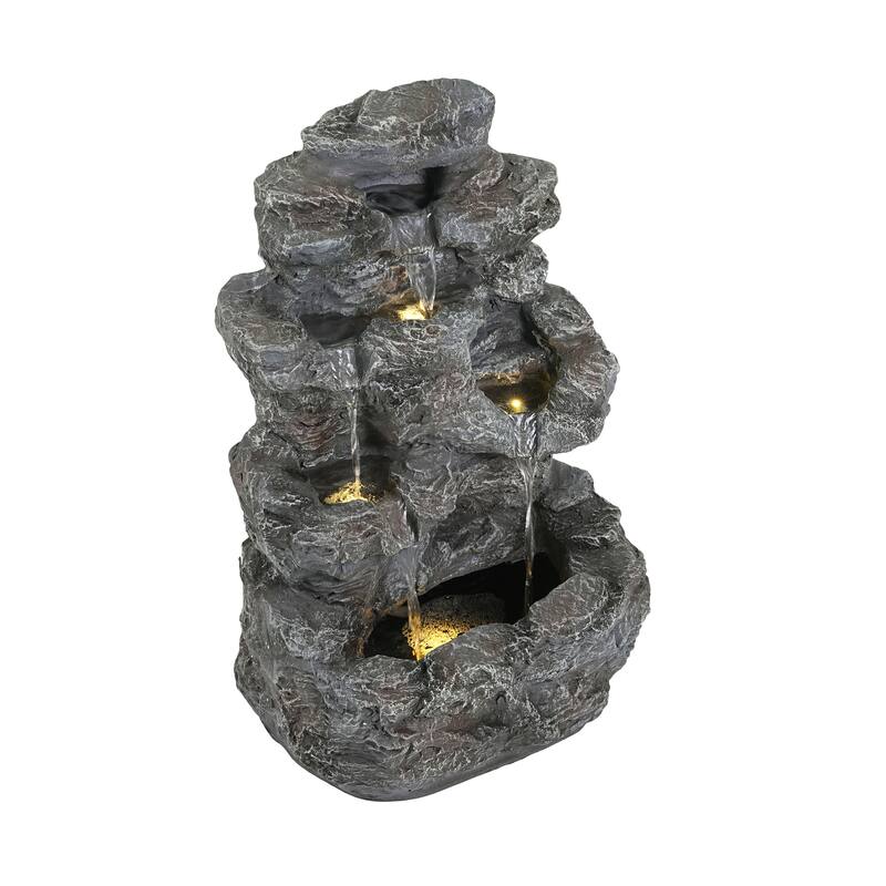 Roomfitters 24" 5-Tiered Tall Slim Concrete Outdoor Fountain with LED Lights, Space-Saving Faux Stone Column Water Feature, Gray