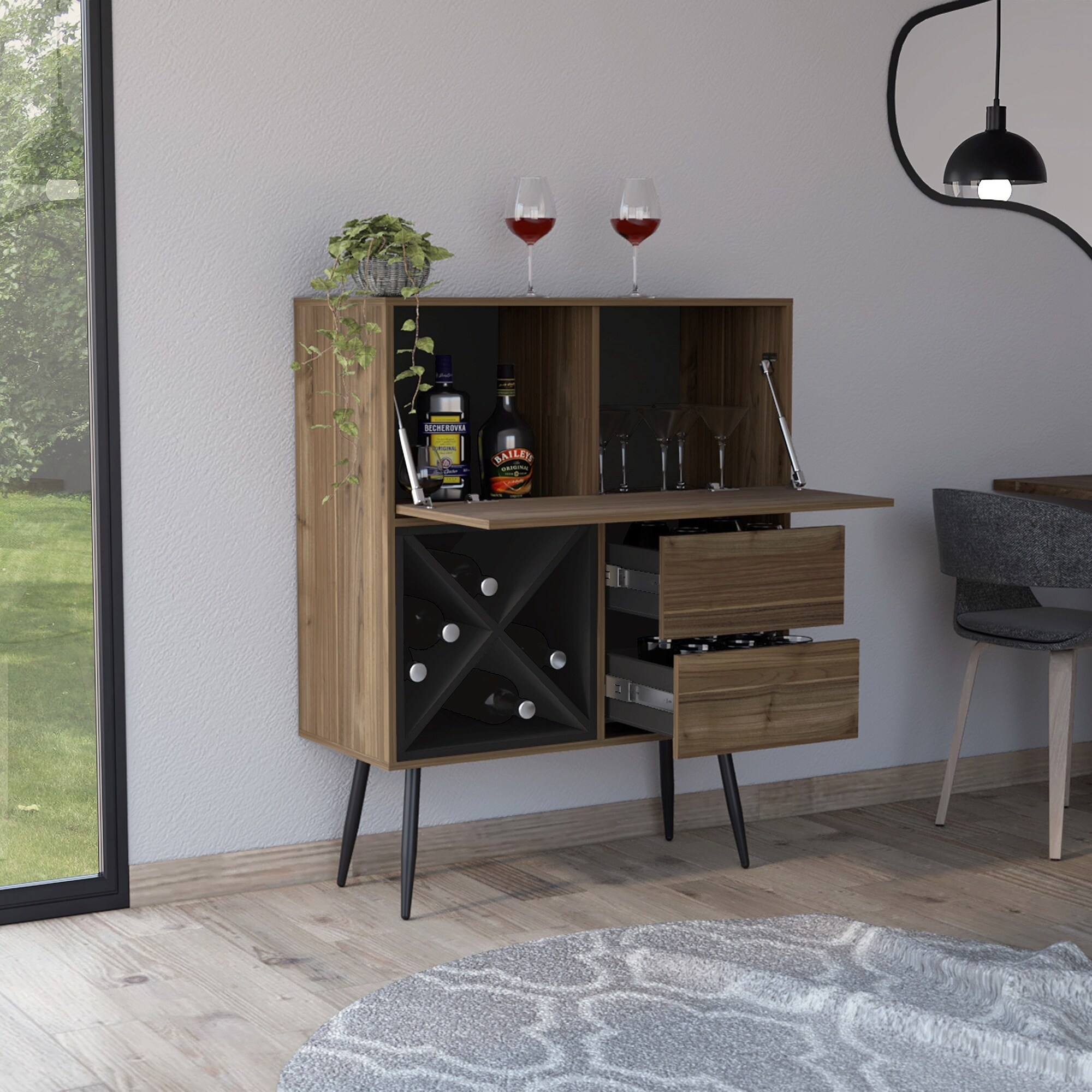 Kitchen 4 Bottle 2 Drawer Bar Cabinet Mahogany and Black Wengue