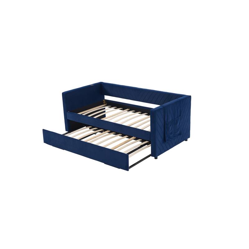 Twin Size Velvet Daybed with Trundle, USB Charging Port & Side Pockets, Modern Upholstered Sofa Bed with V-Pattern Backrest