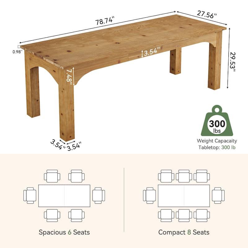 Solid Wood Dining Table, 78.7" Long Rectangular Kitchen Table for 6-8 People - 27.56" D x 78.74" W x 29.53" H