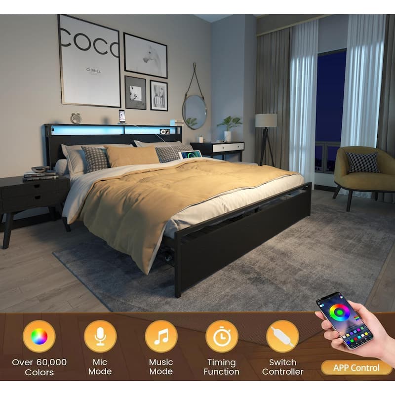 Full Size Bed Frame with LED Lights,Charging Station and 2 Drawers