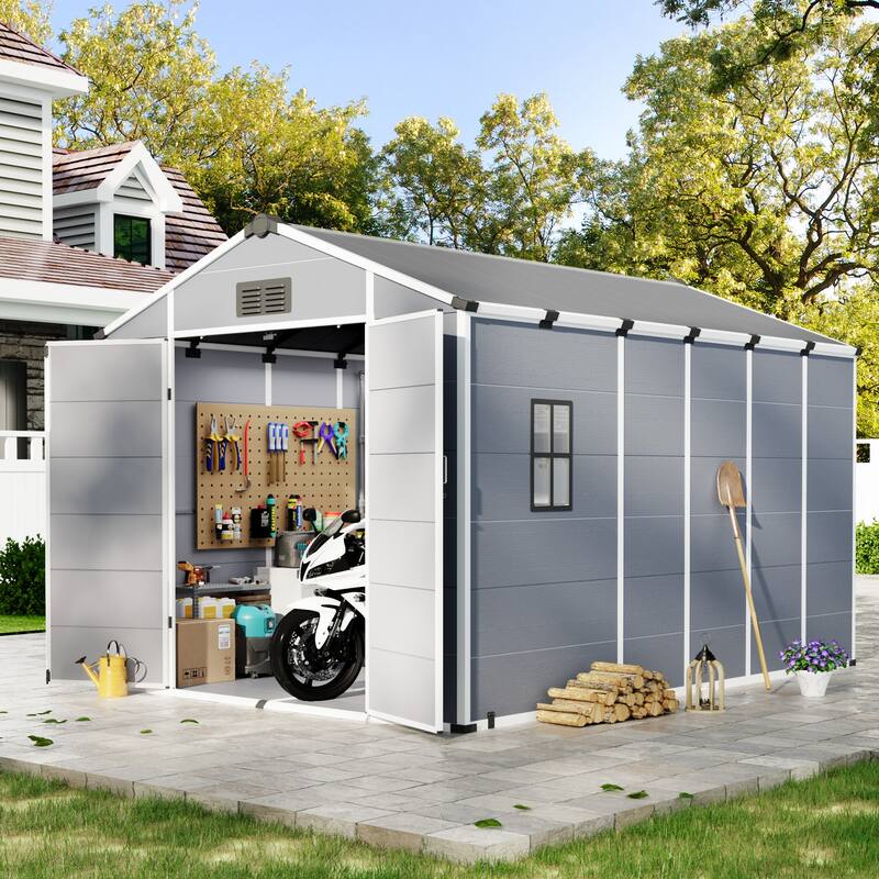 EROMMY Outdoor Storage Shed with Built-In Floor, Lockable Double Doors & Sloped Roof, Gray/Black