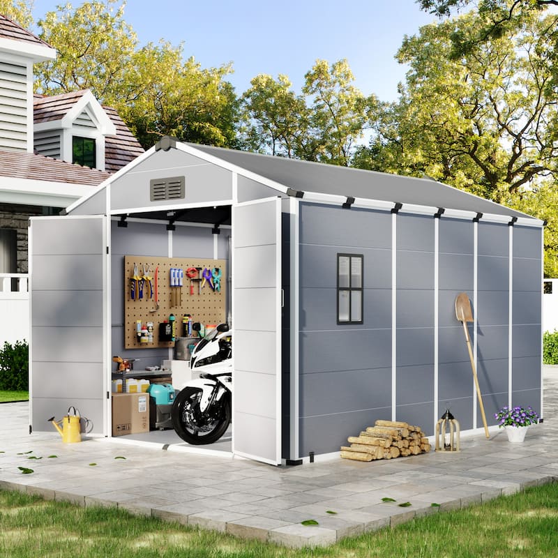 Erommy Outdoor Storage Shed with Built-In Floor, Lockable Double Doors & Sloped Roof - 8'x12' - Grey