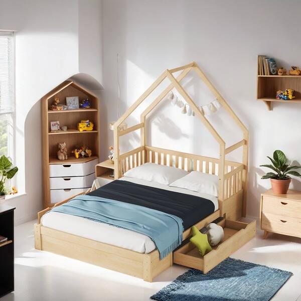 slide 2 of 8, Wood Queen Size House Shaped Platform Bed with 2-Drawers and Guardrail, Natural