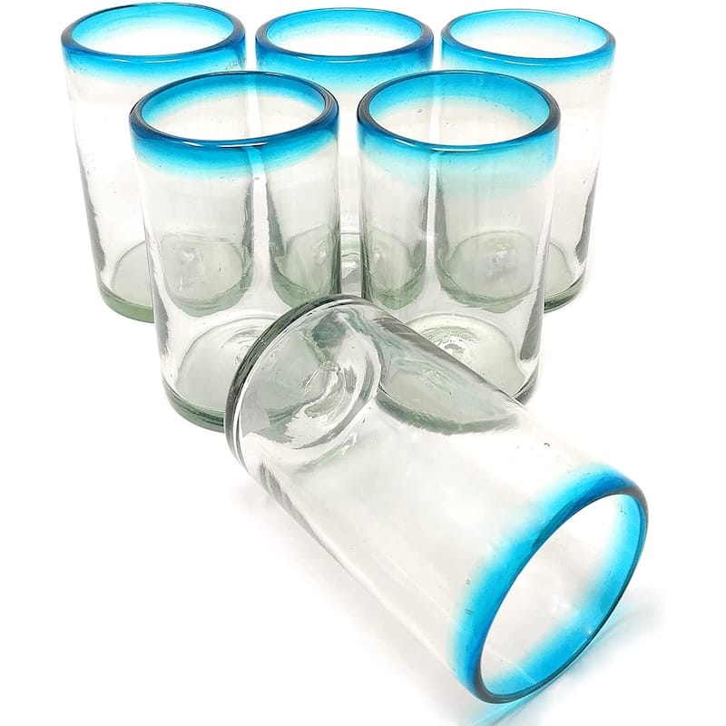 Dos Sueños Hand Blown Mexican Drinking Glasses - Set of 6 Glasses with Aqua Rims (14 oz each) - Aqua - Set of 6