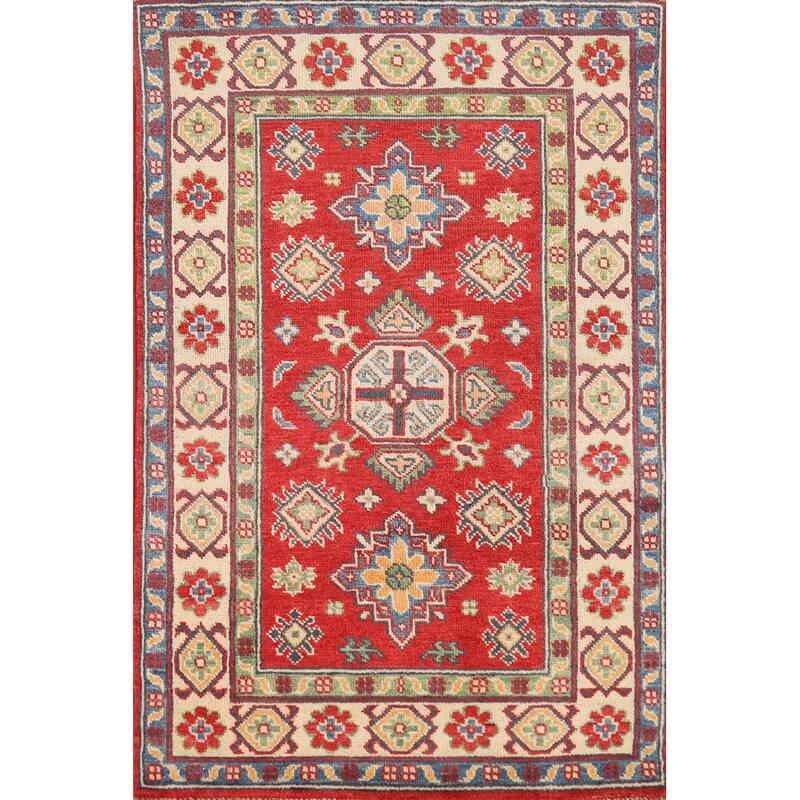 Red Geometric Kazak Foyer Rug Handmade Wool Carpet - 2'7"x 4'0"