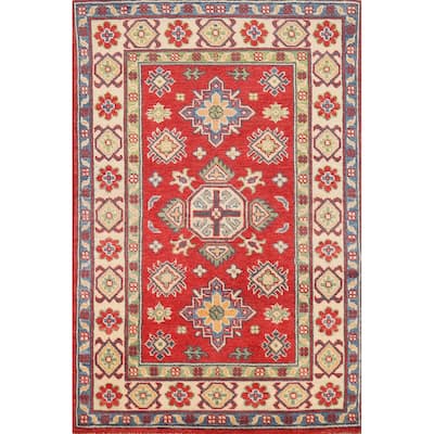 Red Geometric Kazak Foyer Rug Handmade Wool Carpet - 2'7"x 4'0"