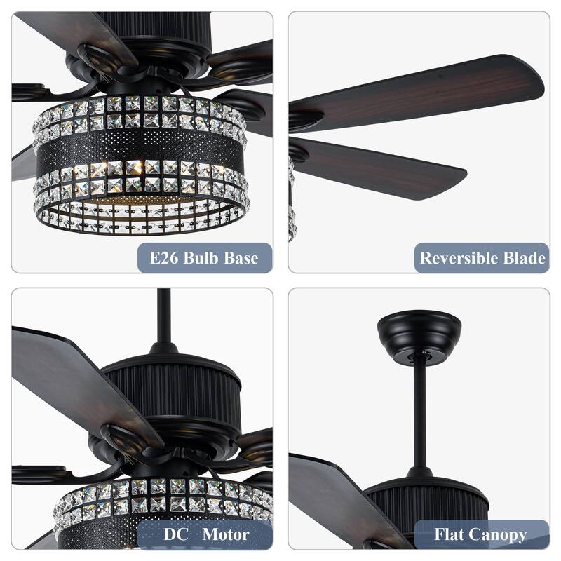 Cusp Barn 52 Inch Industrial Crystal Ceiling Fan, Modern Indoor Outdoor Lighting Fixture with Dual Finish Blades for Living Room