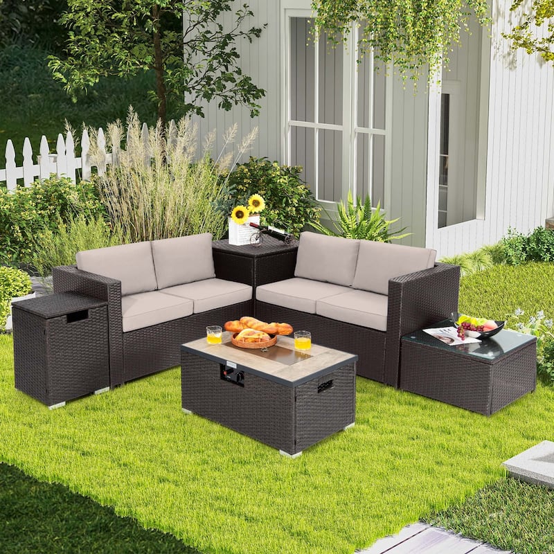 6PCS Patio Rattan Furniture Set 32'' Fire Pit Table Tank Holder Cover