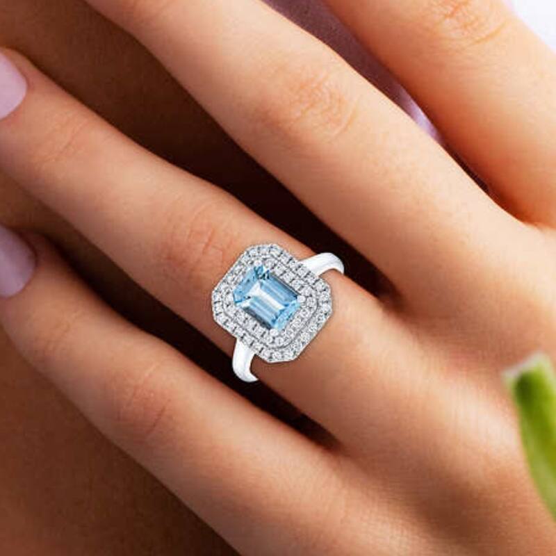8x6mm Aquamarine & Diamond Halo Ring White Gold