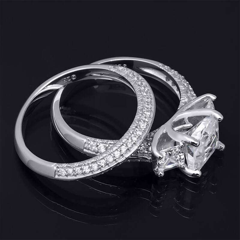 3.0 Carat Princess Cut Wedding Band Engagement Ring Set Bridal Silver