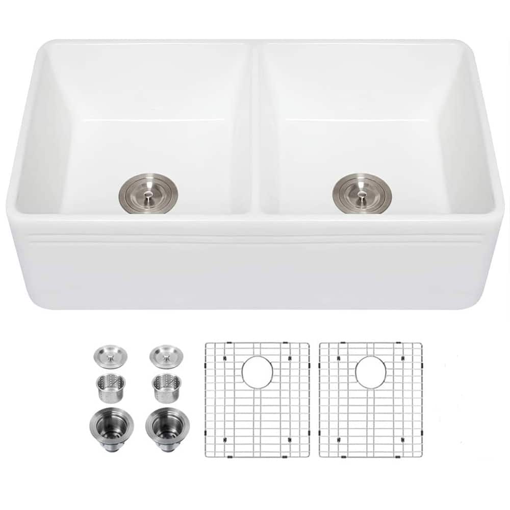 33 Inch White Porcelain Double Bowl Kitchen Sink