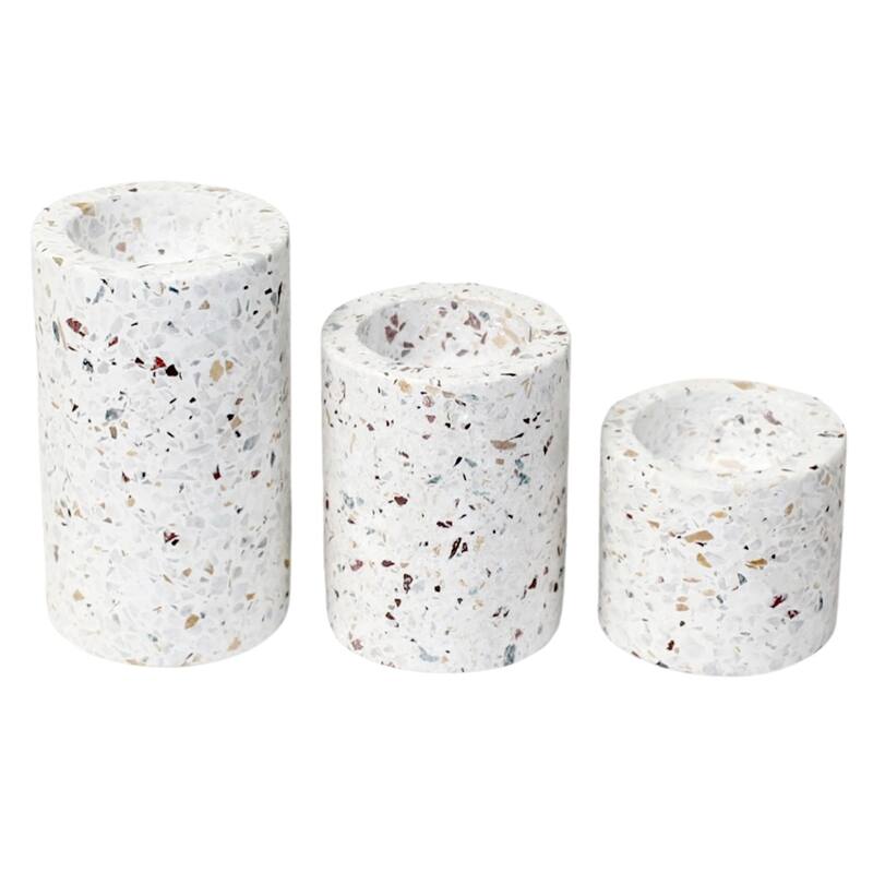 Set of 3 Terrazzo w/ Multi Colored Chips T-Lite Candle Holders -ST - White