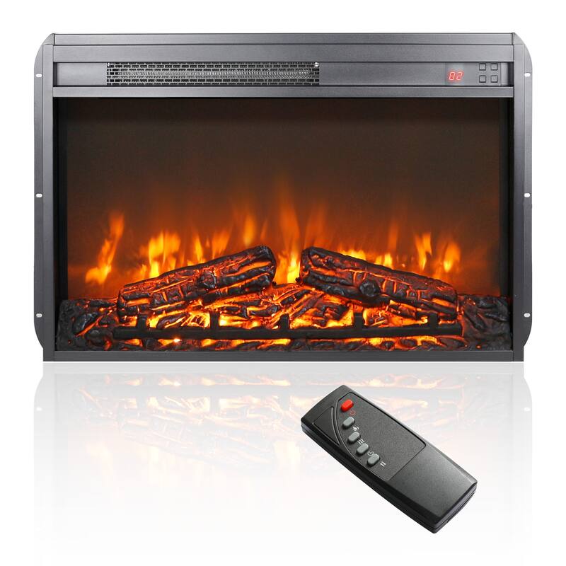 26" Black Ultra-thin Timing Electric Fireplace Insert with Log set, Overheating protection