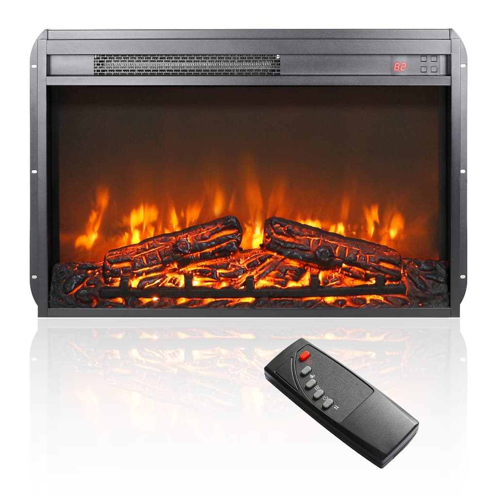 26" Black Ultra-thin Timing Electric Fireplace Insert with Log set, Overheating protection