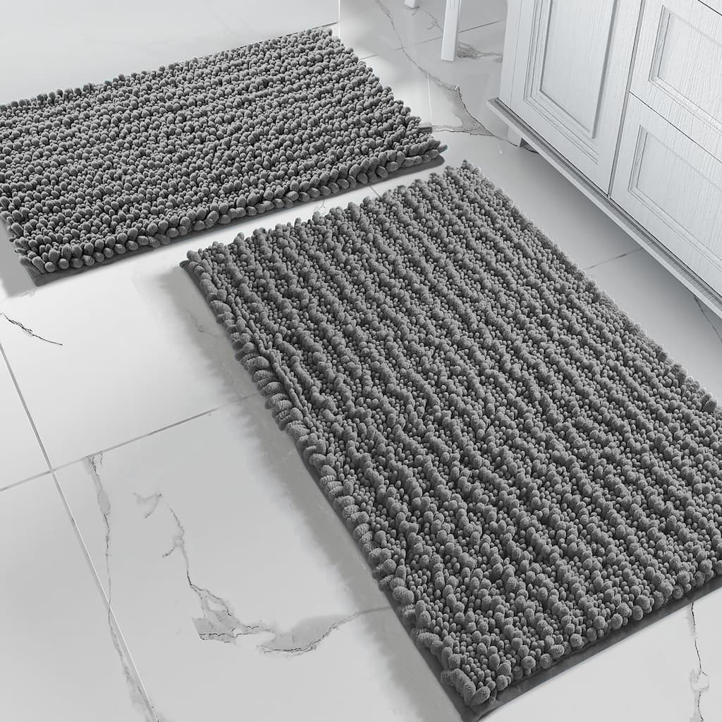 2 Piece Set Grey Soft Cozy Plush Chenille Bath Mat Bathroom Rug