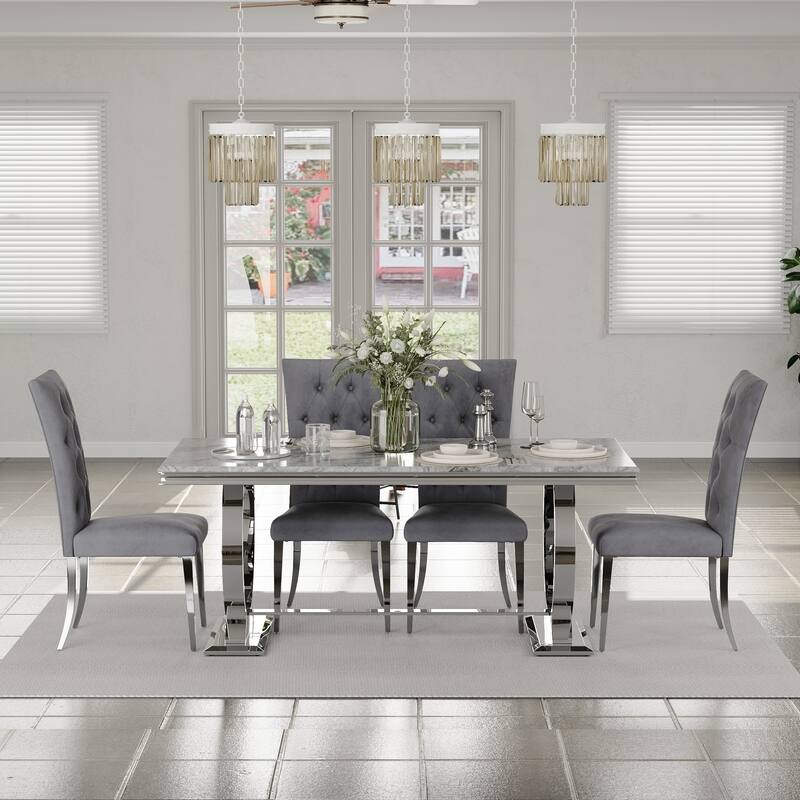 Glam Silver Dining Table Set with 64 inch Dining Table and Black Button Tufted Velvet Dining Chairs