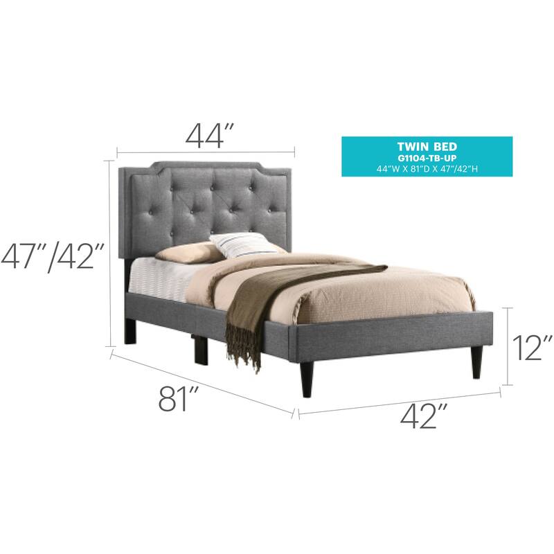 Sleek Gray Twin Bed with Tufted Headboard and Adjustable Height