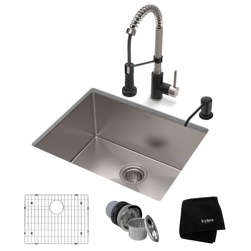 Kraus 3-in-1 Set Undermount Kitchen Sink, Pulldown Faucet, Dispenser - Stainless Steel/ Matte Black
