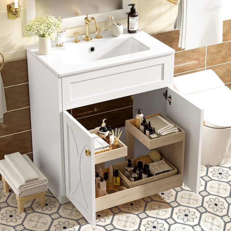 Modern Bathroom Vanity Floor Cabinet with Pull-out Rack, Soft Closing Textured Doors and Exquisite Gold Square Metal Handles