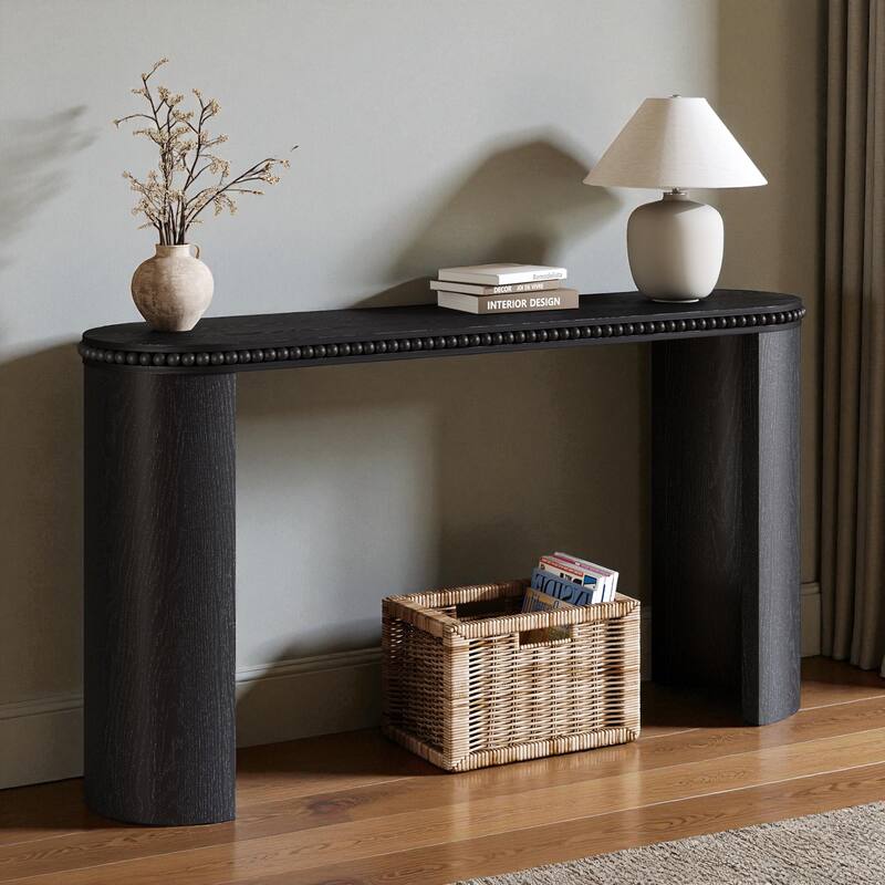 Mirod Vintage Console Table with Beaded Trim and Reversible Curved Legs, Natural Wood Veneer Entryway Accent Table