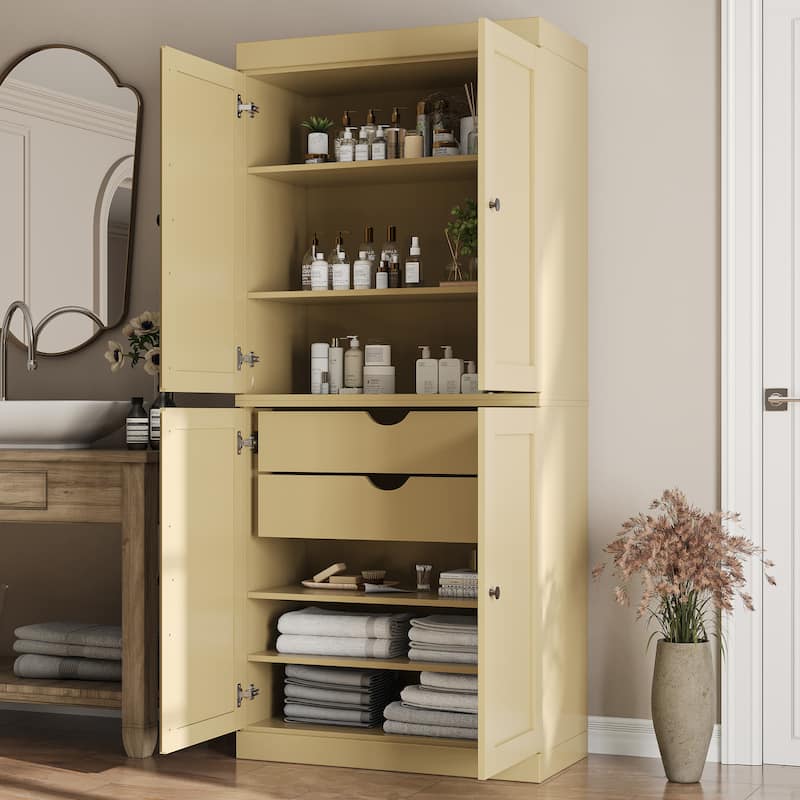 Palace Imports 100% Solid Wood Bathroom Storage Cabinet, Shaker Doors, 2 Drawers, Adjustable Shelves, 32" Wide, 71.5" Tall - Yellow