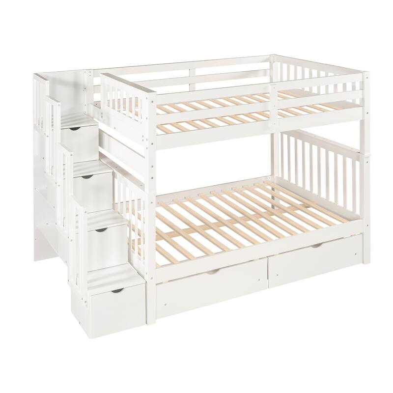 Full Over Full Bunk Bed with 6 Storage Drawers & Shelves, Bedroom Wood Stairway Bedframe, Can be Divided into Two Beds for Kids