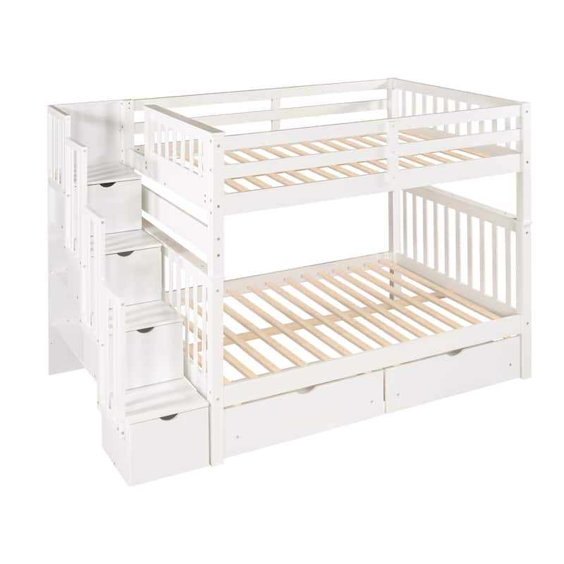Full Over Full Bunk Bed with Shelves and 6 Drawers, White