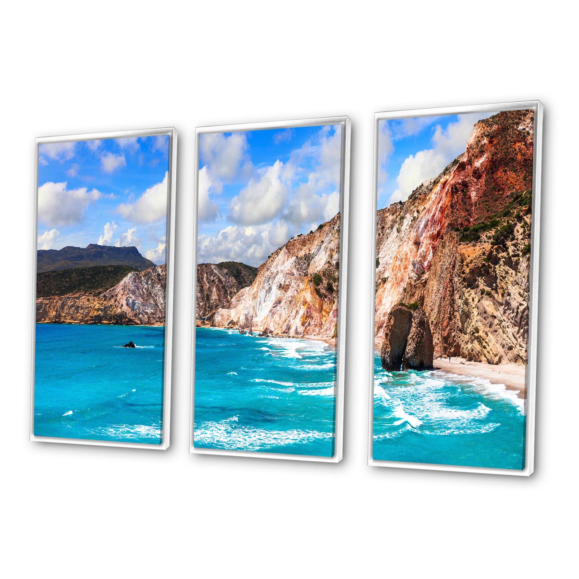 Designart "Greek Islands Scenic Beaches" Landscape Framed Wall Decor Set of 3 4 Colors of