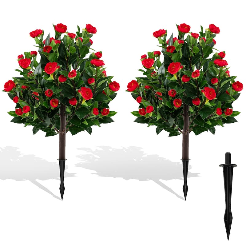 Artificial Camellia Tree Set of 2 with Red Flowers and Green Leaves for Indoor Outdoor Decor - 31"