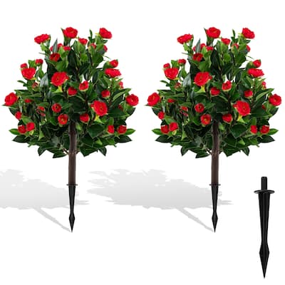 Artificial Camellia Tree Set of 2 with Red Flowers and Green Leaves for Indoor Outdoor Decor - 31"