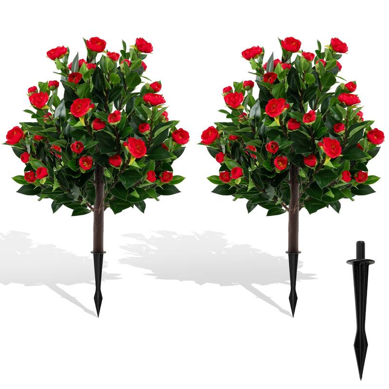 Gymax 2 Pack 31'' Artificial Camellia Tree Set w/Ground Spikes Floral - Green