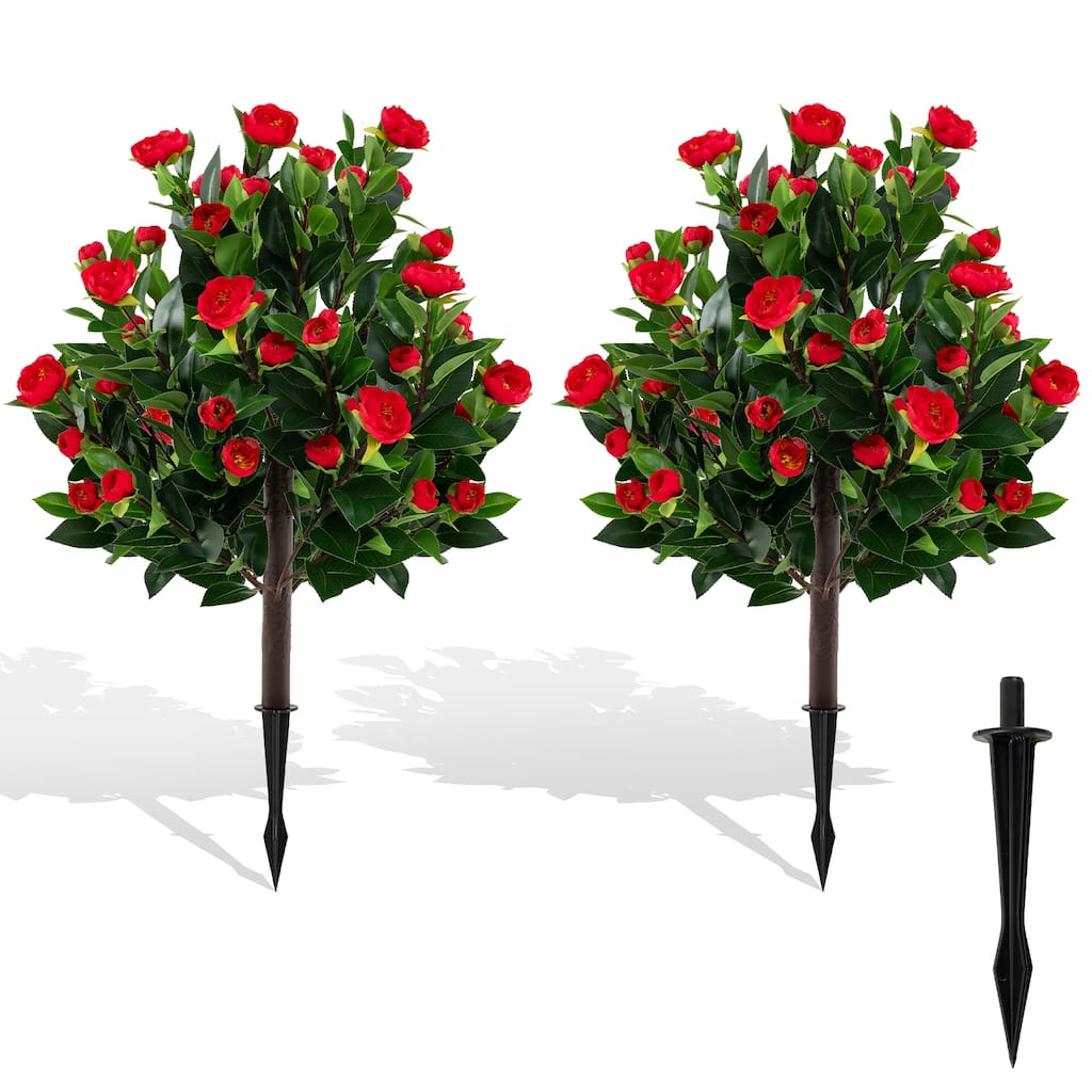 Gymax 2 Pack 31'' Artificial Camellia Tree Set w/Ground Spikes Floral