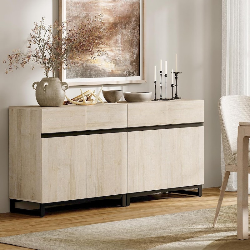 WAMPAT Storage Cabinet, Modern Sideboard with Adjustable Shelf and Metal Base - 2 PCS - Light Oak