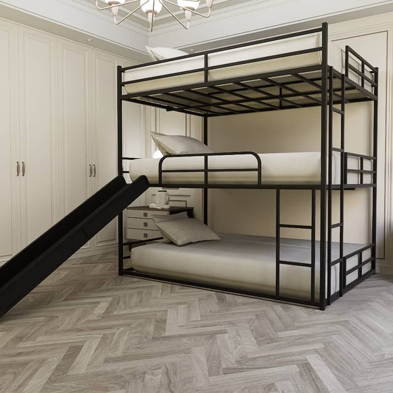 Metal Full Size Loft Bed with Slide and Ladder, Black